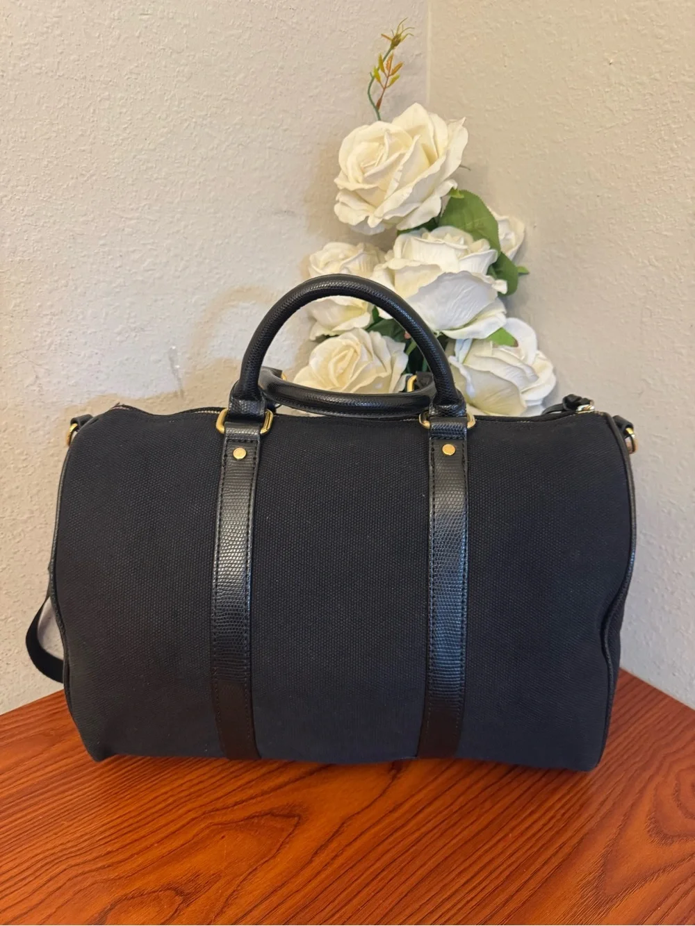 Victoria's Secret Black Duffel Bag with Gold Hardware Plate